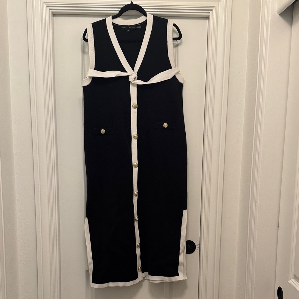 English Factory Black and White Midi Dress with Gold Accents